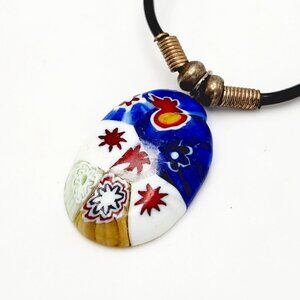 Murano Fused Floral Art Glass Pendant 925 Silver Beaded Cord Choker Necklace